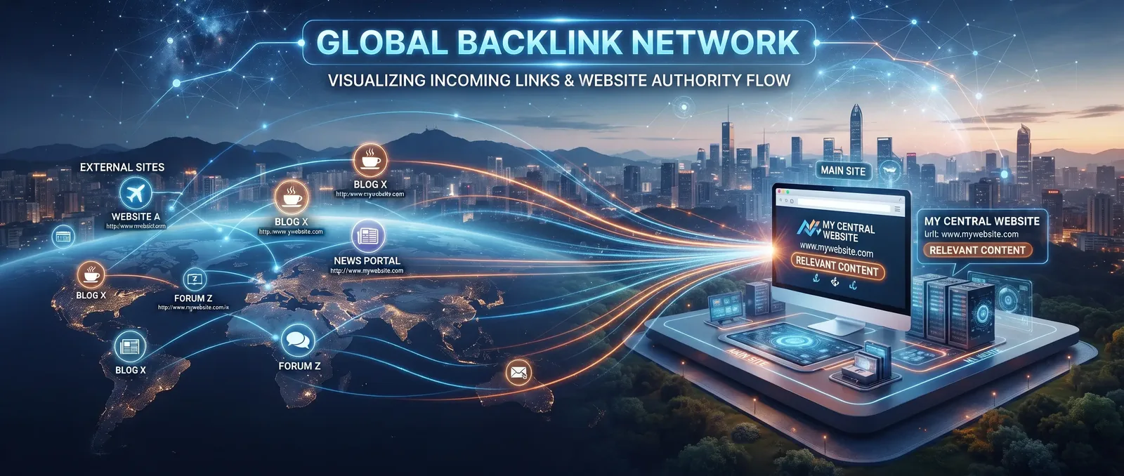 Global backlink network diagram showing external sites passing link authority to a central website through manual link building